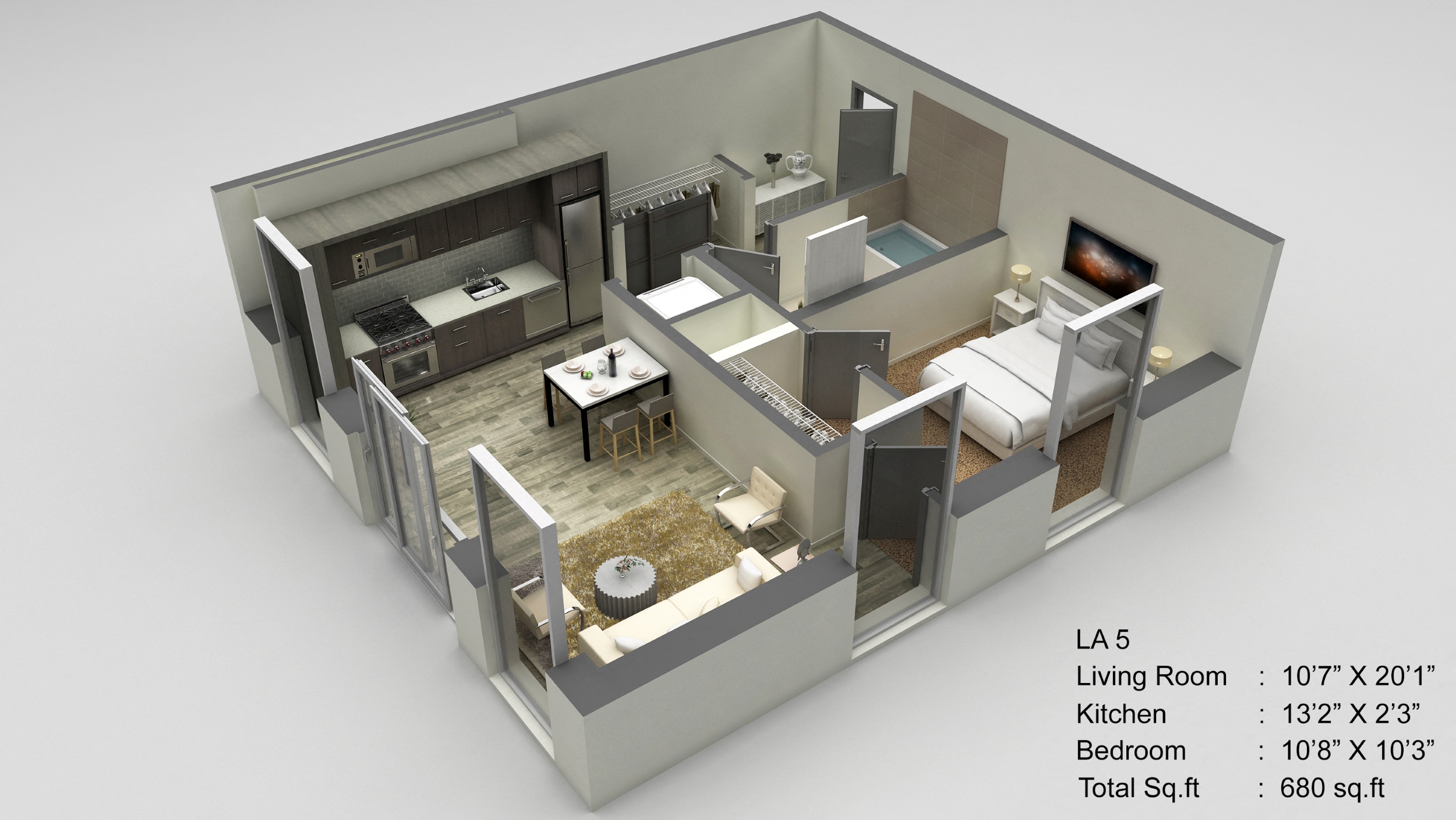 Floor plan for 1 bed, 1 bath, 680 sqft